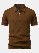 Rhombus Textured Zip Up Knitted Polo Shirt & Slim Fit Tapered Trousers