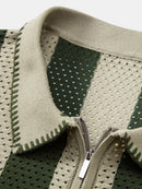 Striped Eyelet Knit Zip Up Polo Shirt & Straight Leg Linen Pants