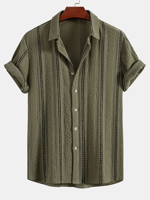 Geometric Striped Jacquard Button Up Shirt & Crinkled Textured Drawstring Shorts