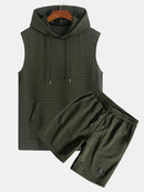 Waffle Sleeveless Hooded T-Shirt With Kangaroo Pocket & Shorts