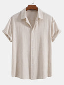 Linen Rayon Blend Button Up Shirt & Crinkled Textured Drawstring Shorts