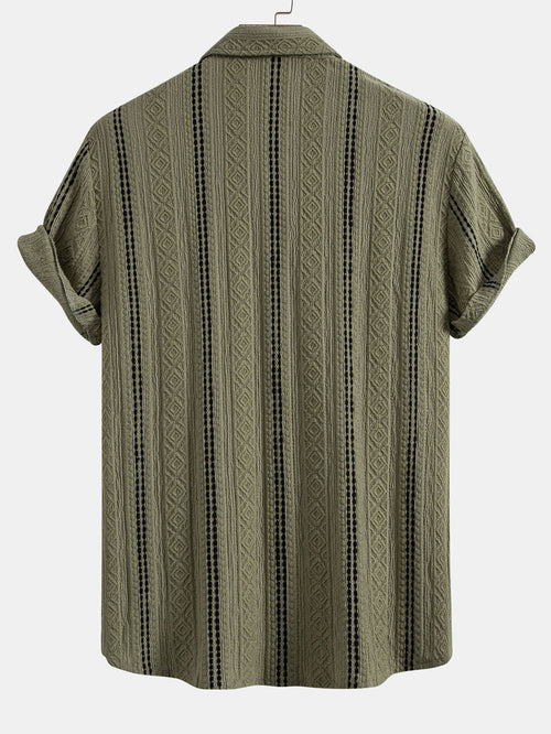 Geometric Striped Jacquard Button Up Shirt & Crinkled Textured Drawstring Shorts