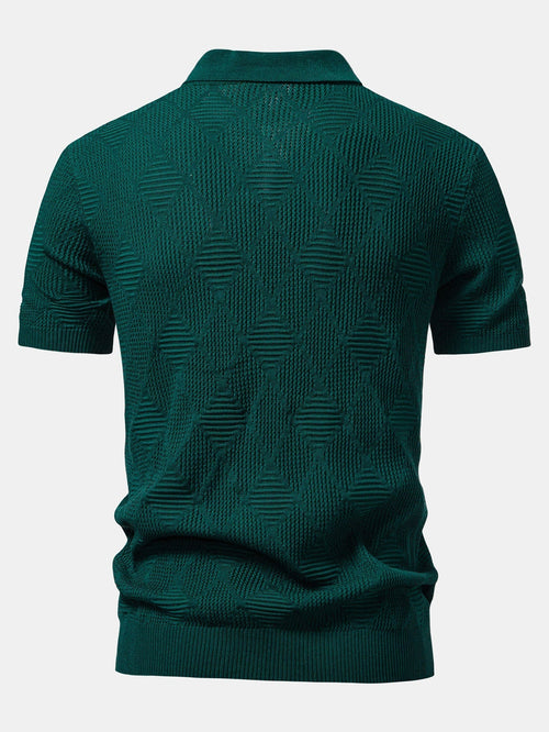 Rhombus Textured Zip Up Knitted Polo Shirt & Slim Fit Tapered Trousers