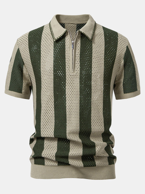 Striped Eyelet Knit Zip Up Polo Shirt & Straight Leg Linen Pants