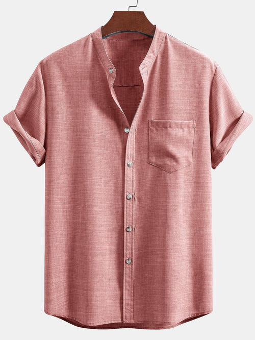 Short Sleeve Stand Collar Shirt & Straight Leg Linen Pants