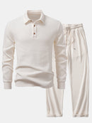 Long Sleeved Knitted Waffle Polo Shirt & Drawstring Knitted Waffle Pants
