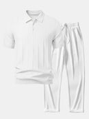 Stripe Jacquard Knit Polo Shirt & Straight Leg Ribbed Pants