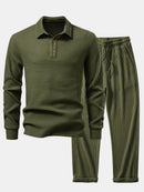 Long Sleeved Knitted Waffle Polo Shirt & Drawstring Knitted Waffle Pants