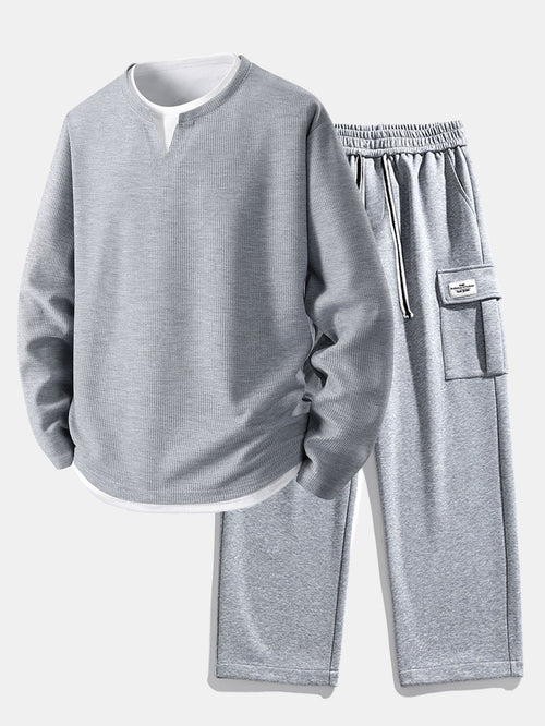 Relax Fit Long Sleeve 2 In 1 Waffle T-Shirt & Relax Fit Straight Leg Jersey Cargo Pants
