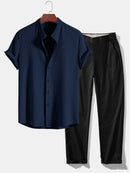 Muscle Fit Ribbed Stand Collar Shirt & Elastic Waist Straight Leg Trousers