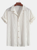 Geometric Jacquard Eyelet Cuban Shirt & Crinkle Textured Straight Leg Pants