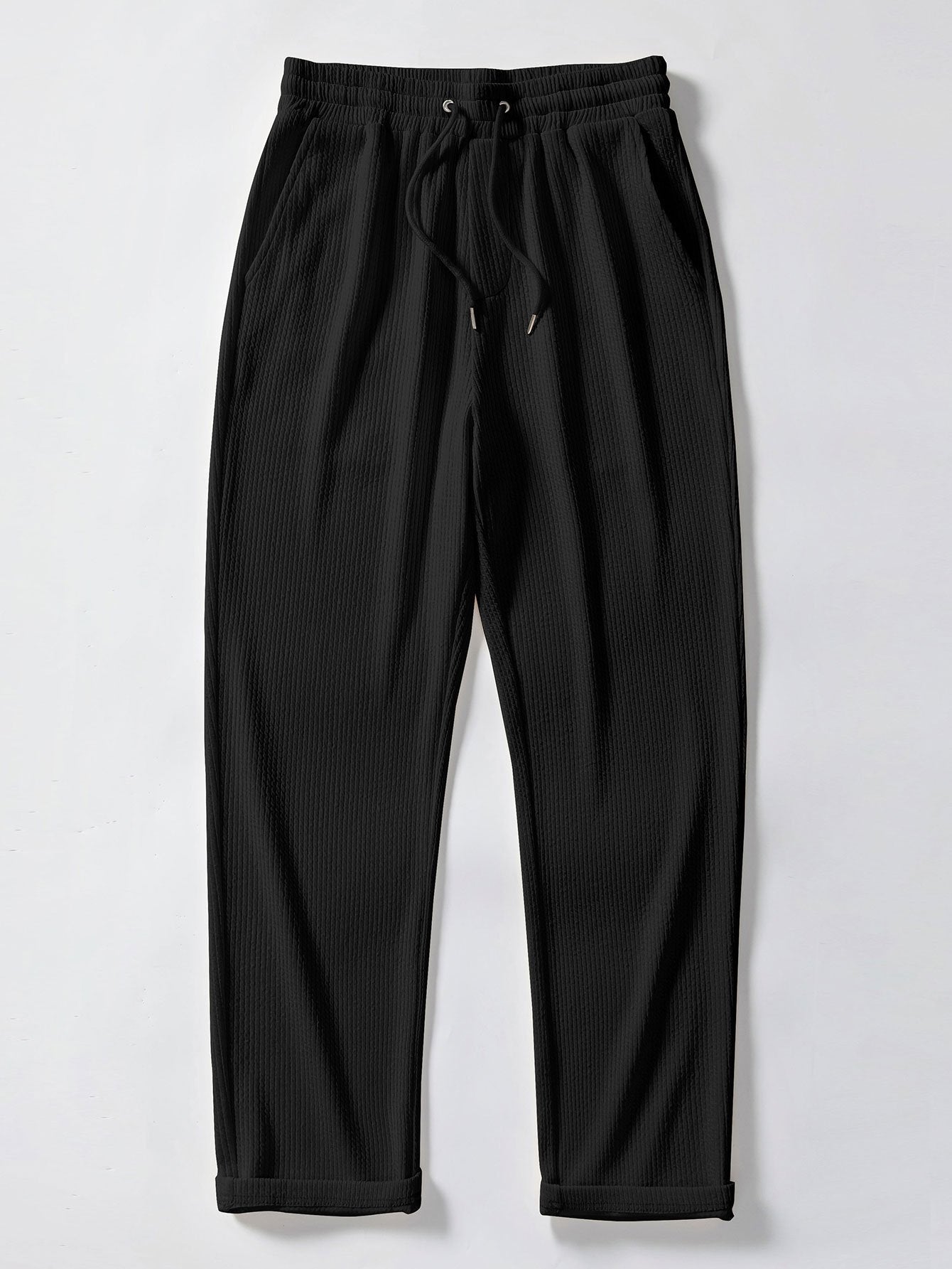 Texture Contrast Knitted V Neck Polo Shirt & Straight Leg Ribbed Pants