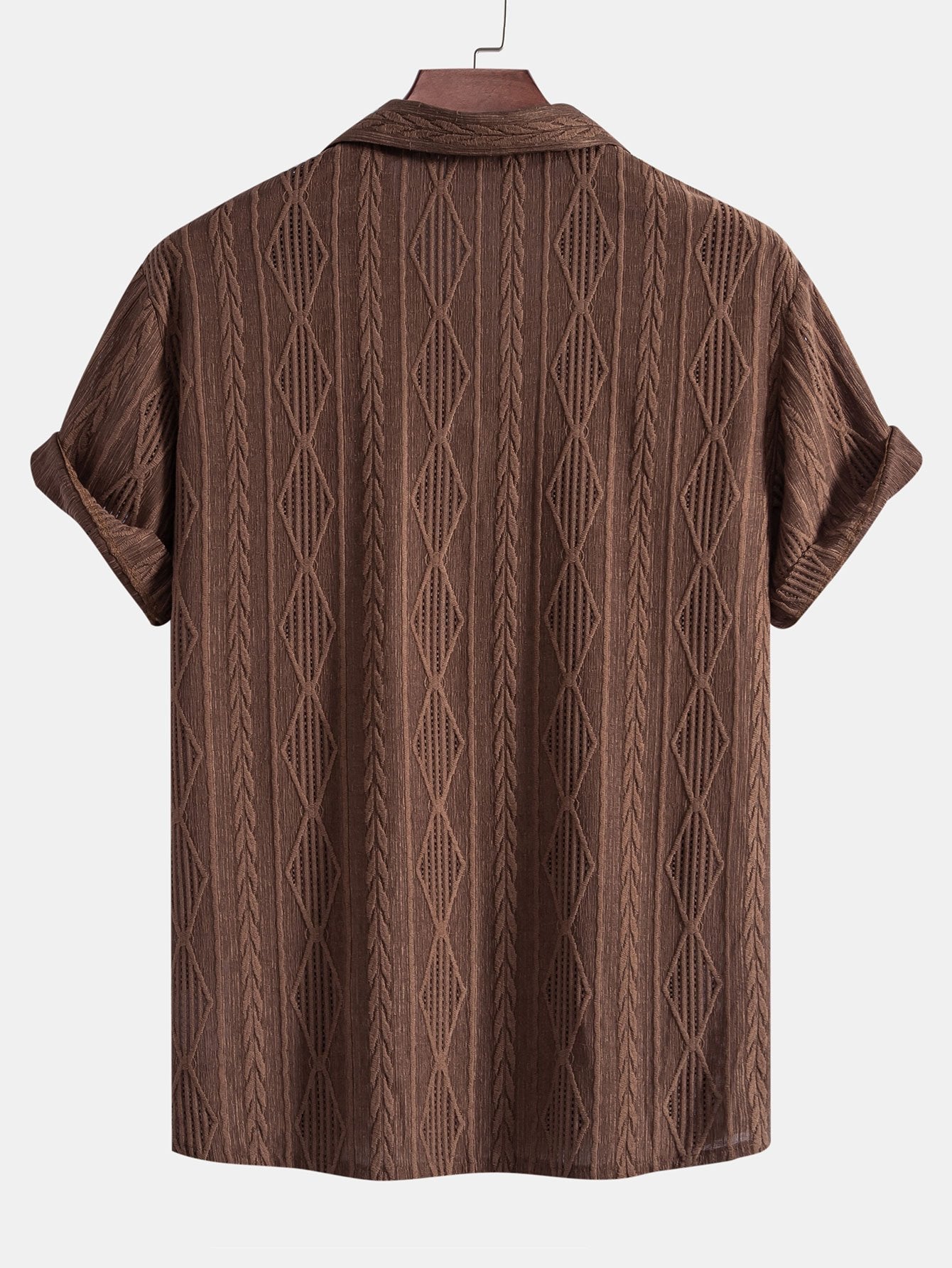 Geometric Jacquard Eyelet Cuban Shirt & Crinkled Textured Drawstring Shorts
