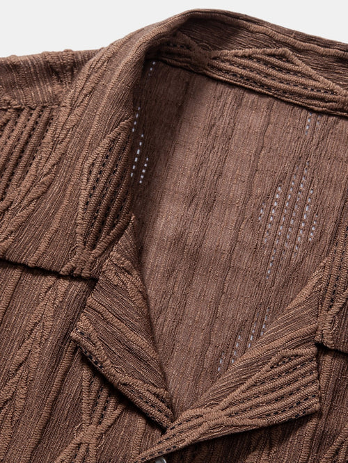 Geometric Jacquard Eyelet Cuban Shirt & Crinkled Textured Drawstring Shorts
