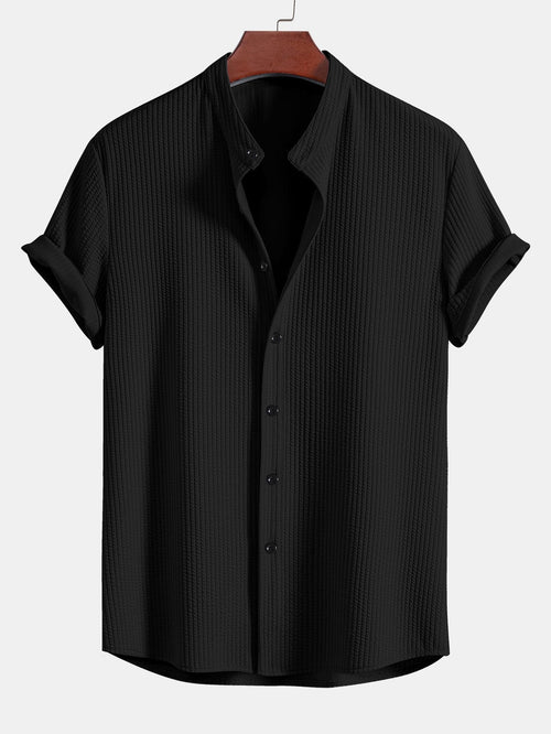 Muscle Fit Ribbed Stand Collar Shirt & Elastic Waist Straight Leg Trousers