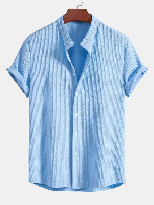Muscle Fit Ribbed Stand Collar Shirt & Elastic Waist Straight Leg Trousers