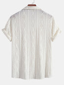 Geometric Jacquard Eyelet Cuban Shirt & Crinkle Textured Straight Leg Pants