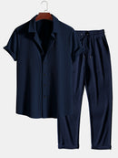 Muscle Fit Ribbed Button Up Shirt & Straight Leg Ribbed Pants
